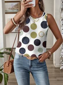 EMERY ROSE Casual Simple Polka Dot Full-Print Pattern Women's Tank Top, Suitable For Summer Back To School