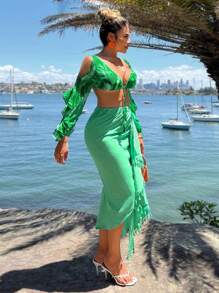 SHEIN SXY 2pcs Set: Green Floral Print Long Sleeve Shirt And Twist Knot Skirt, Casual Spring/Summer Resort Outfits For Women - Green - View 4