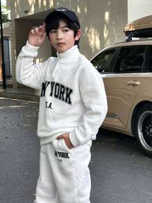 Tween 男童字母印花纽扣前卫衣和运动裤套装，休闲宽松，适合日常穿着，秋冬季 - 白色 - 查看 13