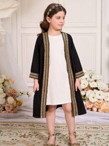 SHEIN Young Girl Spliced Ribbon Long Sleeve Open Placket Loose Shirt - Black - View 3