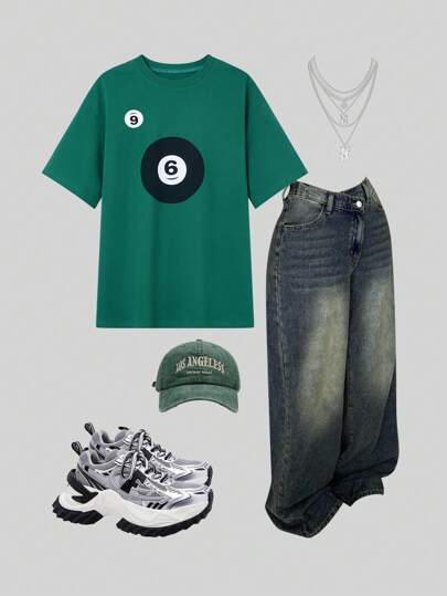 StreetHx Streetwear Minimalist Solid Color Billiard Number 6 9 Print Round Neck T-Shirt