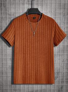 GENTILAND Casual Minimalist Crew Neck Ribbed Knit Short Sleeve Fitted T-Shirt - Orange - View 2