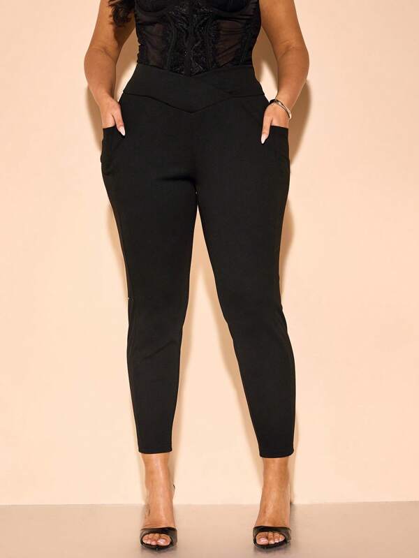 SHEIN BAE Damen Große Größen elegante und sexy schwarze Hose mit V-Ausschnitt und schlanker Taille, Frühling/Sommer