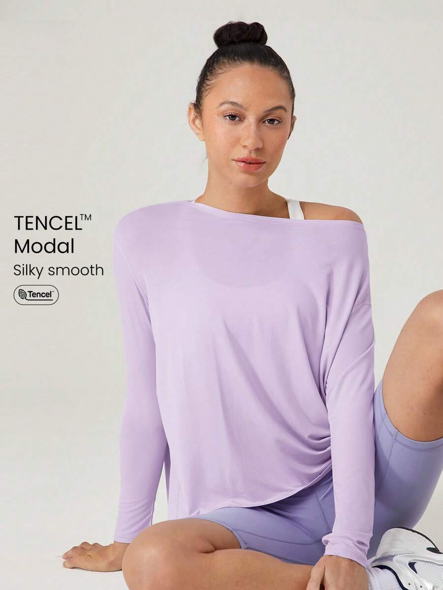 GLOWMODE SoftSerene Reset Restore Off-Shoulder Long Sleeve Tee With Thumbhole Daily Lounge - Purple - View 1