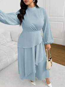 SHEIN Frenchy 加大码杏色连衣裙，带荷叶边下摆，灯笼袖，收腰设计金色裙子长裙女士端庄连衣裙加大码束腰外衣 - 藍色 - 查看 4