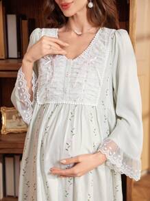 PalaceNights 宫廷风V领半开襟刺绣长袖孕妇睡裙娃娃衫奢华家居服，适合秋冬季穿着