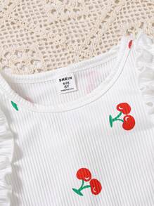 SHEIN Explorewe 2pcs Tween Girl Crew Neck Ruffled Sleeve Cherry Print Tank Top And Elastic Waist Embroidered Distressed Denim Shorts Set, Spring/Summer,Holiday,Summer,Travel - Multicolor - View 3