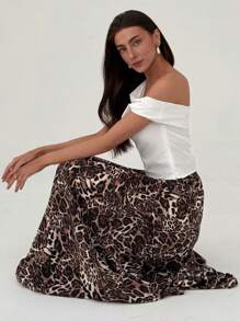 Aloruh Elegant Leopard Print High Waist Maxi A-Line Skirt, Slimming