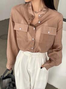 FRIFUL 女士橙色宽松休闲纽扣衬衫，商务休闲风格，春夏长袖上衣 - 橘色 - 查看 6