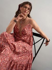 SHEIN VCAY Vestido informal de tirantes con estampado floral para tallas grandes, ropa de mujer estilo bohemio, vestidos de verano, vestido floral para mujer