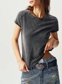 Bohemela Solid Color Knitted Crew Neck Short Sleeve Fitted Washed Women T-Shirt - Black - View 4