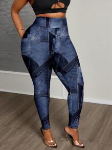 Slaydiva Plus Size Casual Minimalist Full Print Denim Effect Pattern Leggings Suitable For Going Out