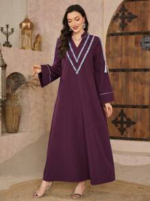 Al Najma V-Neck Embroidered Long Sleeve Arabian Dress,Modest - Purple - View 4