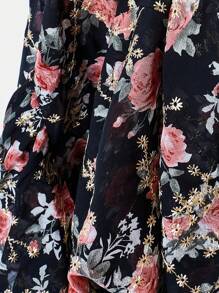 Maija 女式春季花卉印花立领喇叭袖后拉链休闲衬衫，黑色和粉色节日波西米亚风 - 黑色 - 查看 7