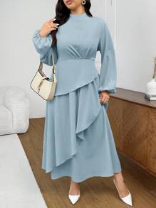 SHEIN Frenchy 加大码杏色连衣裙，带荷叶边下摆，灯笼袖，收腰设计金色裙子长裙女士端庄连衣裙加大码束腰外衣 - 藍色 - 查看 6