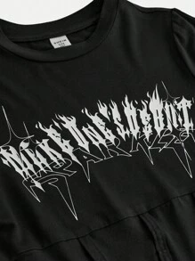 Camiseta corta de estilo gótico con dobladillo curvo y diseño gráfico de letra para niñas preadolescentes, ideal para salidas informales, vuelta al colegio, Y2K y conjuntos a juego con mamá