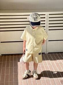 SHEIN Leap Crew 2件装 青春男童 男孩休闲运动 学院街头 日韩 宽松翻领衬衫短裤 适合儿童装 青春男童衣服 返校男童套装 适合生日派对、晚会、演出、婚礼、洗礼、开幕式 日常 适合日常使用 适合上学 适合旅行 适合运动 适合春夏季节 - 杏色 - 查看 3