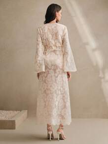 Anewsta 女式深 V 领喇叭袖蕾丝拼布佩斯利印花透明和服，适合春夏、海滩等地优雅度假出游