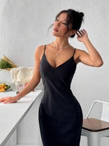 SHEIN EZwear 女士纯色长款修身休闲吊带连衣裙 - 黑色 - 查看 5