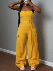 Slaydiva 2025 Summer New Arrival Music Festival, Easter, Western Style, Nomadic Style, St. Patrick's Day, Birthday Party, Graduation Season, Student Wear, Daily Outfit, Casual All-Match, Vacation, Cruise Travel, Beach, Sun-Bathing, Fashion, Street Style, Minimalist Casual, Utility Pockets, Strapless, Waist Tie, Metal Buckle, Yellow Women Jumpsuit - Yellow - View 2