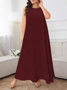 SHEIN Najma CURVE Đầm suông cổ tròn không tay màu trơn phong cách Ả Rập cỡ lớn cho nữ - Màu Đỏ Sâu - Xem 1