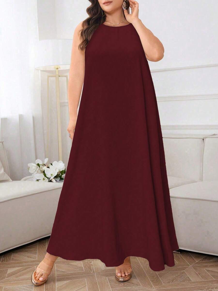 SHEIN Najma CURVE Đầm suông cổ tròn không tay màu trơn phong cách Ả Rập cỡ lớn cho nữ - Màu Đỏ Sâu - Xem 1