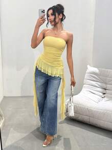 Chiquease Áo ba lỗ ngắn bất đối xứng viền xếp nếp màu vàng tối giản gợi cảm thời trang dành cho nữ mùa xuân/hè - Màu vàng - Xem 3