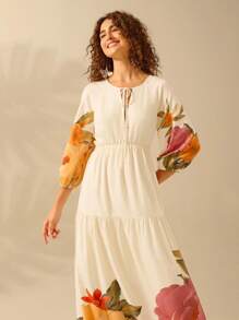 CAJUNI Women's Boho Floral Print Hollow Strap Bubble Sleeve Dress, Vacation Casual Tropical Beach Dress