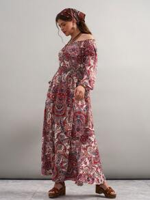 SHEIN VCAY Vestido de manga larga con hombros descubiertos, talla grande, para usar de vacaciones - Multicolor - Ver 6