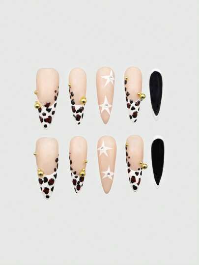 Grunge Punk 10pcs Y2K Style Leopard Print High Quality Fake Nails + 3 Sheets Double-Sided Adhesive, Y2K Gothic Manicure, Removable Contrast Color Hand Painted Nail Stickers, Suitable For Holidays, Parties, Dancing, And Daily Wear, Halloween