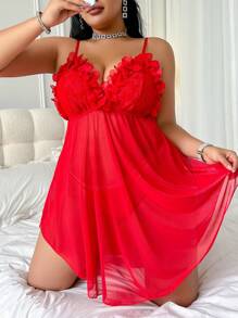 SHEIN 2pcs Set Valentine's Lace Mesh Splice Plus Size Sexy Nightgown With String Panty