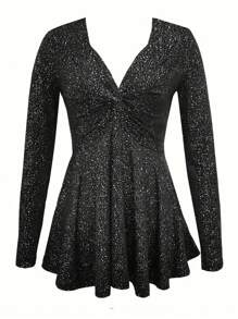 Women's V-Neck Long Sleeve Top, Minimalist Fashion Casual Everyday Wear Fall Cloth For Women - Black - View 4