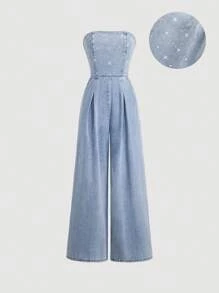 SHEIN MOD جمبسوت قصيرة بانديو جينز بسيطة للنساء، للاستخدام اليومي الكاجوال