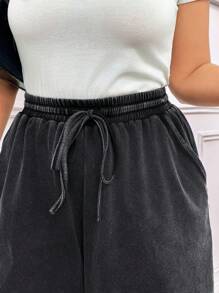 SHEIN LUNE Plus Size Washed Pockets Casual Shorts Cotton Cowgirl Summer For Women Graduation Spring Women Summer Graduation Easter Women Spring Summer Vacation Bohemia Easter Women Shorts - Black - View 1