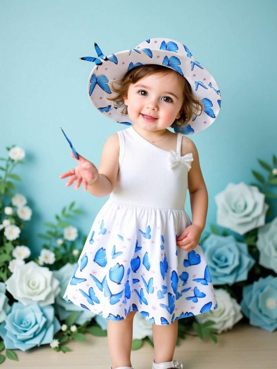 Baby Girl Elegant And Butterfly Patterned Asymmetric Camisole Dress Suitable For Vacation And Travel In Spring And Summer - Multicolor - View 1