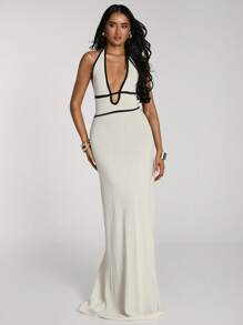 SHEIN BAE Women's Sexy Contrast Color Trim Backless Halter Long Knitted Dress Dresses For Women Summer Outfits For Women Vacation Outfits Woman White Dress Summer Dresses For Women Summer Dress Beach Outfits For Woman Western Wear Women Beach Vacation Bathing Suit Cover Up - Black and White - View 3