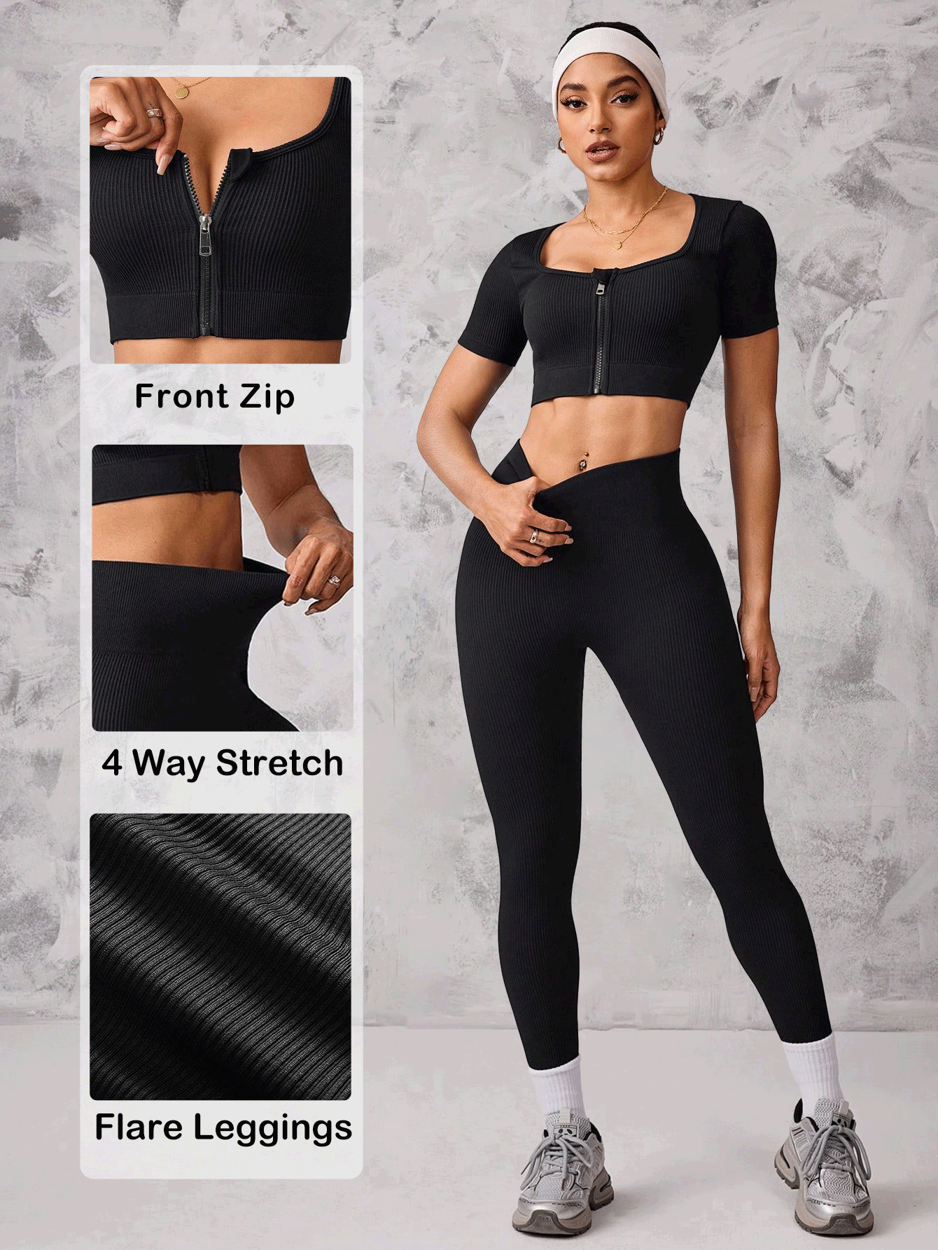 Easithlete 女士纯色短款上衣和紧身裤无缝运动服套装 - 黑色 - 查看 2