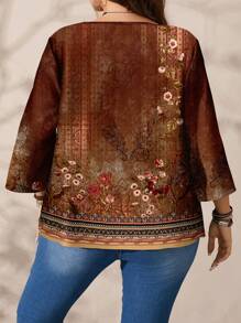 EMERY ROSE Plus Size Women Casual Allover Print Round Neck Loose 3/4 Sleeve Blouse, Suitable For Spring And Autumn Chic Blouses For Women