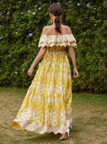 Anewsta 时尚镂空刺绣优雅露肩短袖蕾丝花卉印花连衣裙，适合节日、外出、度假、春季 - 黃色 - 查看 2