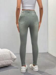SHEIN Essnce Pantalon en jean simple et décontracté de couleur unie, convenant pour un port quotidien