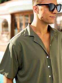 Manfinity Swimmode Men's Solid Color Short Sleeve Shirt And Pants Beach Outfit - Army Green - View 7