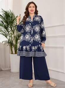 Lacomfia 2 件套大码数码印花时尚复古宽松套装 - 藏蓝色 - 查看 1
