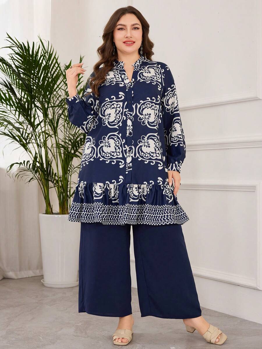 Lacomfia 2 件套大码数码印花时尚复古宽松套装 - 藏蓝色 - 查看 1