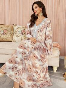 Al Najma 浪漫花卉拼布亮片刺绣优雅宽松连衣裙，让您看起来年轻、端庄 - 彩色 - 查看 4