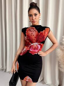 SHEIN Clasi Women's Fashionable Sleeveless Short Floral Print Dress, Spring/Summer - Black - View 4