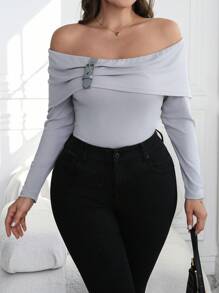 Calvaya Plus Size Women Elegant Gray Knitted Long Sleeve Off Shoulder Decorative Button Slim Fit T-Shirt - Grey - View 3