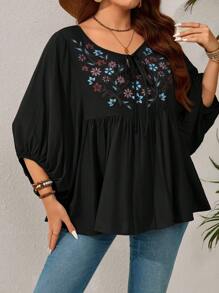 EMERY ROSE Plus Size Women Boho Floral Embroidered Lantern Sleeve Loose Smock Blouse,Summer,Vacation Summer Baggy Beach - Black - View 4