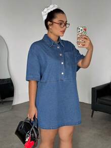 SHEIN EZwear Plus Size Casual Short Sleeve Mini Denim Dress, Blue,Blue,Suitable For Parties, Holidays, Dates, Valentine's Day, Afternoon Tea, Summer / Summer Outfits / Summer Clothes,Year-Round,For Spring/Summer Holiday,Suitable For Summer,Blue Summer,Vacation Outfits Woman,Easter,Spring,Western,Office Outfits For Women,Rave Outfits,Baby Shower Dress,Cottagecore,Country Outfits Women,Old Money Style Women,Going Out Outfits, ,Festival Outfits,Rodeo Outfit,Airport Outfit For Women,Kpop,Tropical Vacation Woman Clothes,Nashville Outfits,European Summer,Concert,Cowgirl Outfit,Graduation Outfit,Beach Outfits For Woman,Vacation Outfits Women,Beach,Boho Women Clothing,Cruise Attire Women,Old Money Style Women,Ibiza Outfits,Boho Chic,Dresses For Women Elegant,Beach Dress,Graduation Dress,Vacation Dress,Easter Dress,Sundress