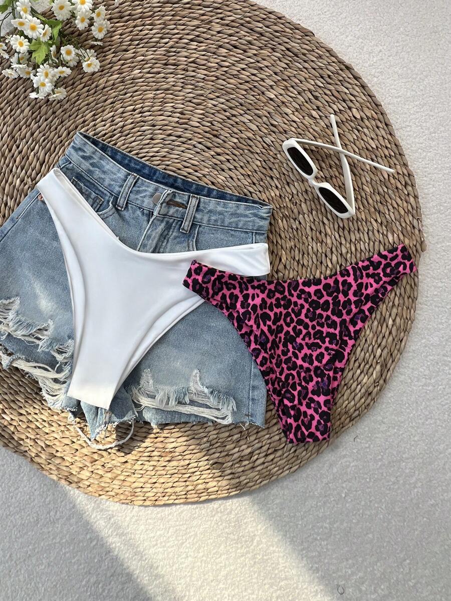 SHEIN Swim Women 2pcs Springbreak Beachwear Summer Plain & Leopard Print Swimwear Leopard Bikini Bottoms - Multicolor - View 1