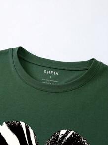 INAWLY 女士豹纹心形图案圆领休闲短袖 T 恤 - 墨綠色 - 查看 3